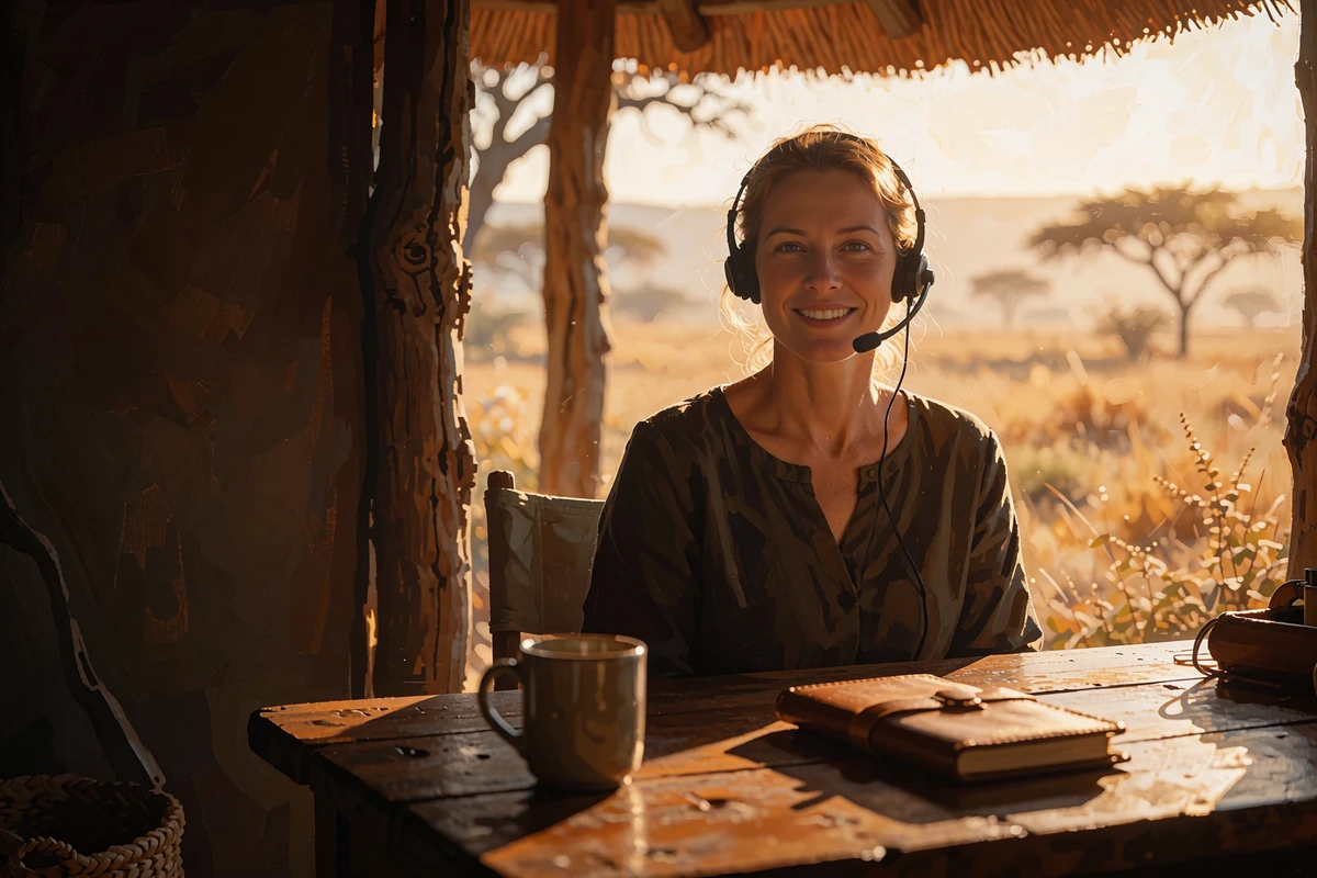 Smilende supportmedarbejder med headset ved et tr&aelig;skrivebord i en safarilodge - live chat hos Wild Chance