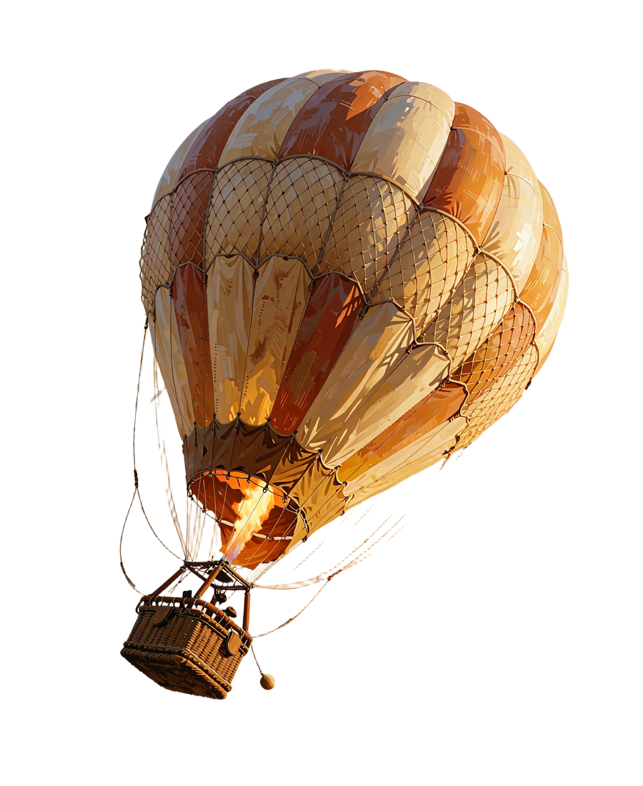 Luftballon i rav, creme og rust stiger skr&aring;t op mod himlen over savannen - symbol p&aring; crash-spil og stigende multiplikator