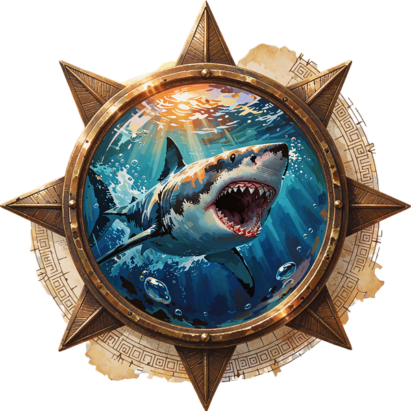 Bronze kompasmedaljon med en hvidhaj, der angriber gennem dybbl&aring;t vand - motiv til slotten Razor Shark