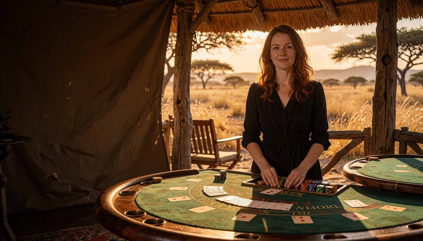 Smilende dealer ved et gr&oslash;nt blackjackbord i en safarilodge - illustration af live casino hos Wild Chance