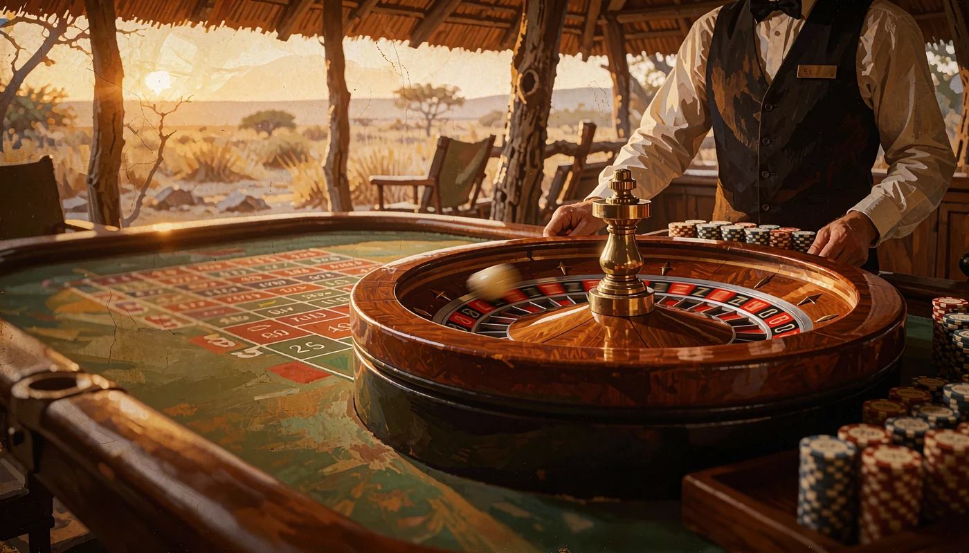 Roulettehjul i bev&aelig;gelse med hvid kugle p&aring; gr&oslash;nt filtbord i en safarilodge ved gyldent lys - live roulette hos Wild Chance