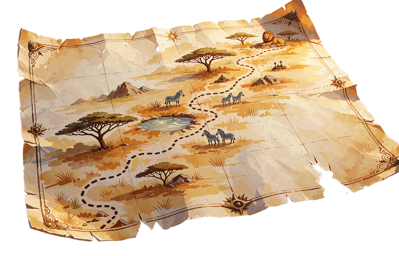 Gammelt ekspeditionskort med stiplet sti forbi akacietr&aelig;, vandhul og en hvilende l&oslash;ve - symbol p&aring; Bonus Map hos Wild Chance