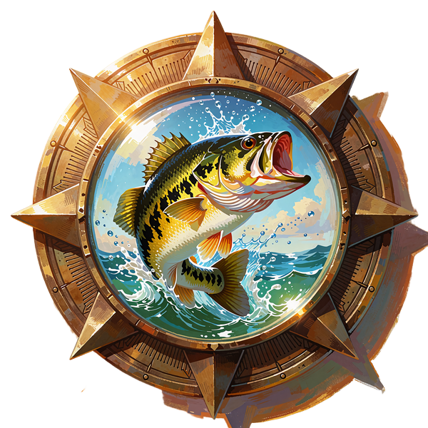 Bronze kompasmedaljon med en gr&oslash;n og gylden bas, der springer op af turkis vand - motiv til Big Bass Splash