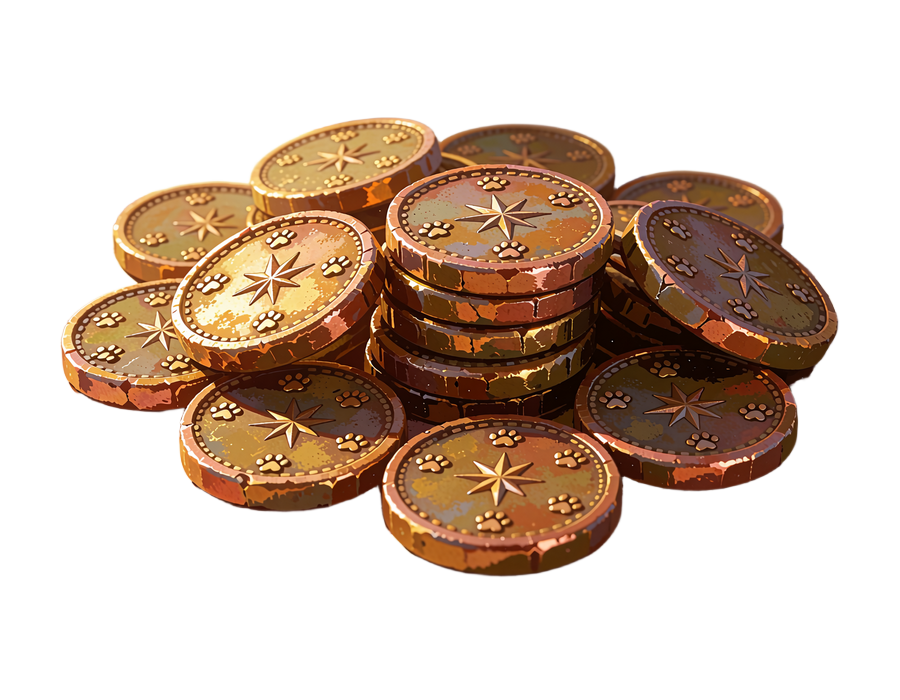 Lille bunke tykke bronze- og guldm&oslash;nter pr&aelig;get med kompasstjerner og l&oslash;vepoter - Coins i Wild Chance-butikken